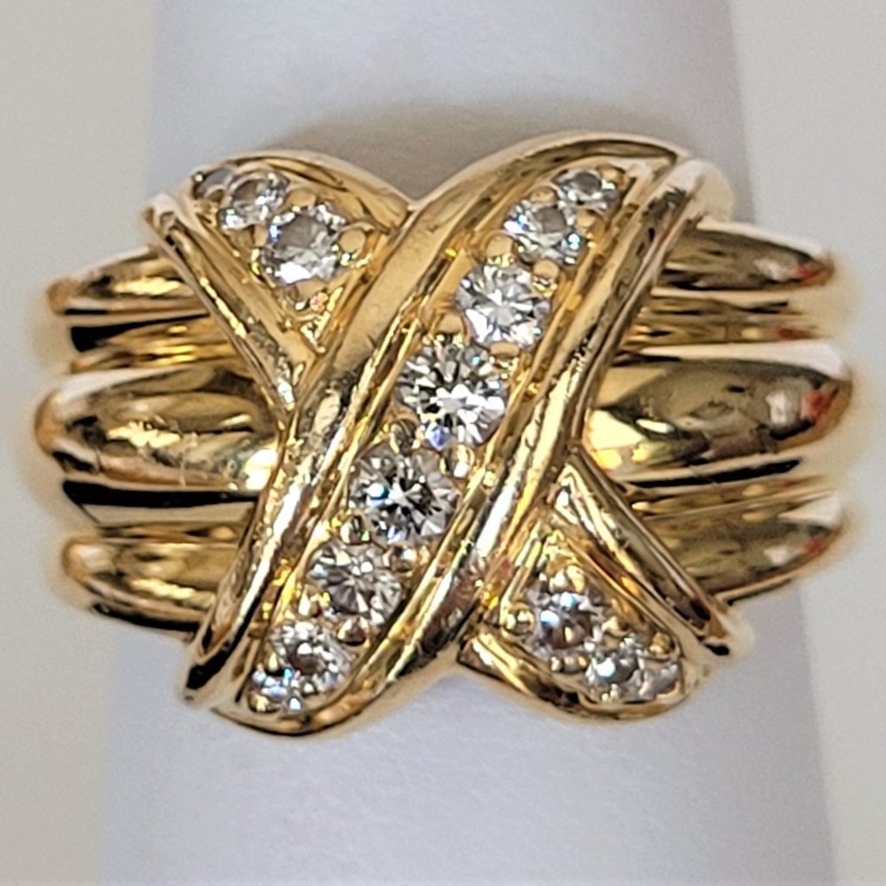 Vintage Tiffany & Co 18K Yellow Gold Diamond Signature X Band Ring